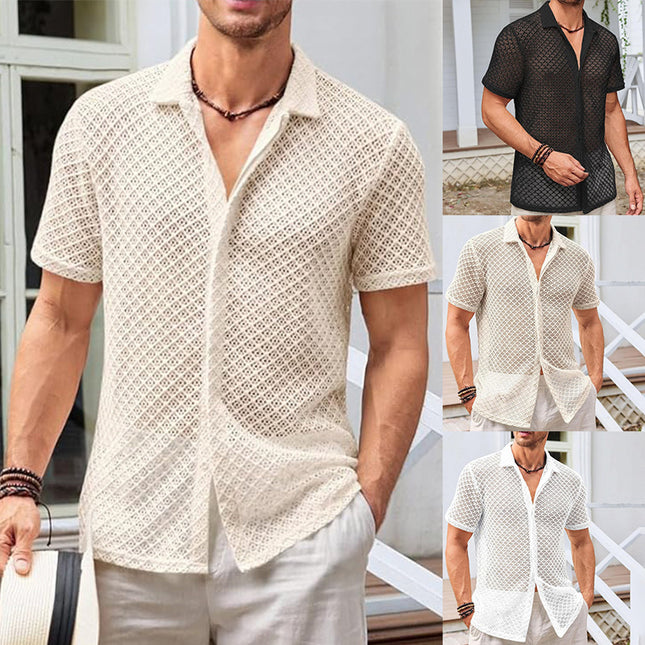 Fashion Solid Color Polo Collar Short Sleeve Mesh Shirt Men's Tops - ellashop.store