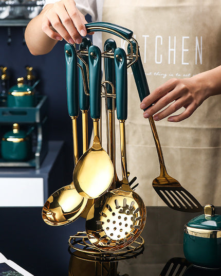 7-teiliges Küchenutensilienset aus Edelstahl und Silikon mit Schlitzspatel, Pfannenwender, Schöpfkelle, Servierlöffel, Pastaheber, Kochset - ellashop.store