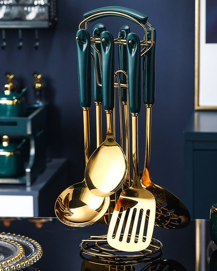 7-teiliges Küchenutensilienset aus Edelstahl und Silikon mit Schlitzspatel, Pfannenwender, Schöpfkelle, Servierlöffel, Pastaheber, Kochset - ellashop.store