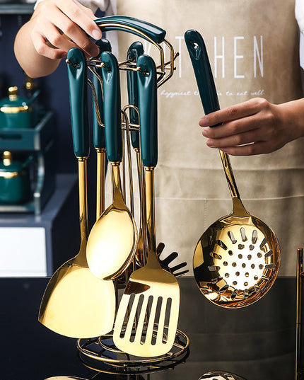 7-teiliges Küchenutensilienset aus Edelstahl und Silikon mit Schlitzspatel, Pfannenwender, Schöpfkelle, Servierlöffel, Pastaheber, Kochset - ellashop.store