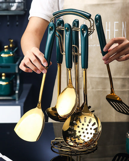 7-teiliges Küchenutensilienset aus Edelstahl und Silikon mit Schlitzspatel, Pfannenwender, Schöpfkelle, Servierlöffel, Pastaheber, Kochset - ellashop.store