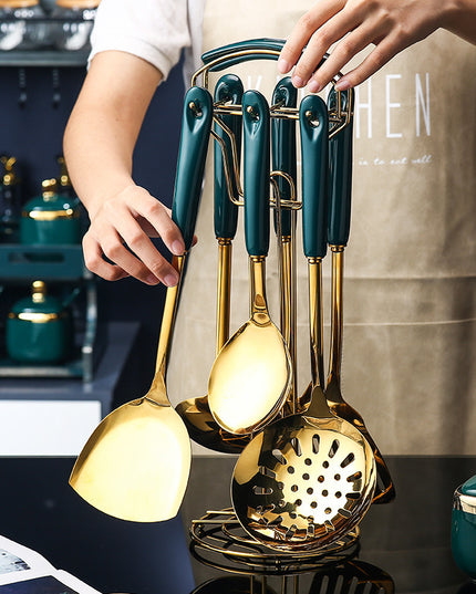 7-teiliges Küchenutensilienset aus Edelstahl und Silikon mit Schlitzspatel, Pfannenwender, Schöpfkelle, Servierlöffel, Pastaheber, Kochset - ellashop.store