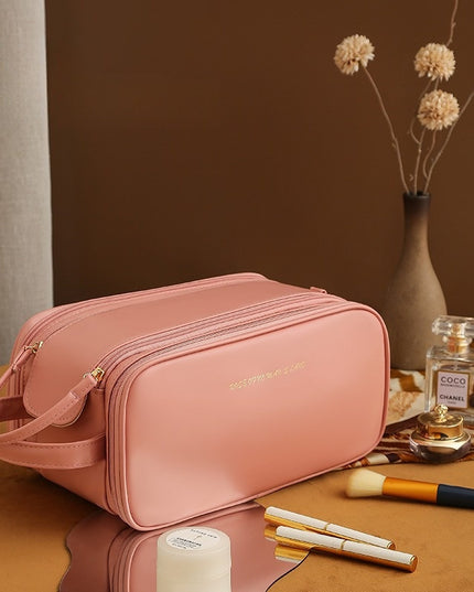 Dreilagige Kosmetiktasche mit Doppelreißverschluss und U-förmigem Design. Modische Make-up-Taschen mit hoher Kapazität. Tragbare Aufbewahrungstasche aus Pu-Leder für Hautpflegeprodukte - ellashop.store