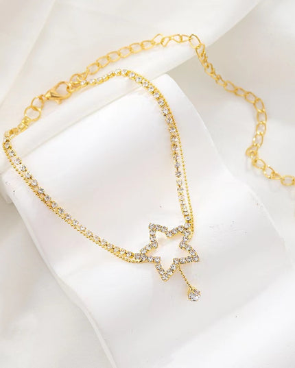 Damenmode Persönlichkeit fünfzackigen Stern Herzform Strass Perle Halskette Fußkettchen - ellashop.store