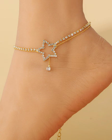 Damenmode Persönlichkeit fünfzackigen Stern Herzform Strass Perle Halskette Fußkettchen - ellashop.store