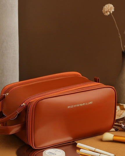 Dreilagige Kosmetiktasche mit Doppelreißverschluss und U-förmigem Design. Modische Make-up-Taschen mit hoher Kapazität. Tragbare Aufbewahrungstasche aus Pu-Leder für Hautpflegeprodukte - ellashop.store