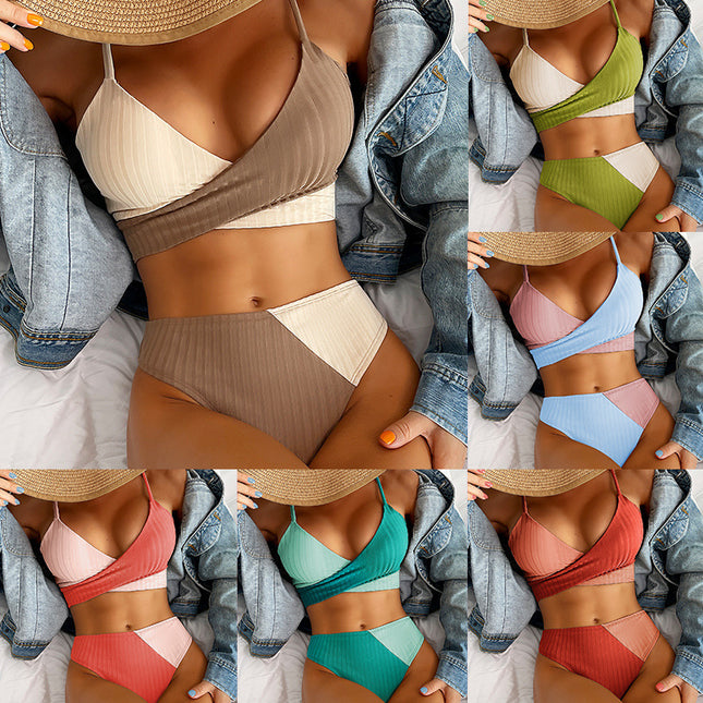 Bikini Patchwork Bademode Gerippter Damen Badeanzug Knotenrücken Strandmode Geraffter Po Biquinis Badeanzüge - ellashop.store