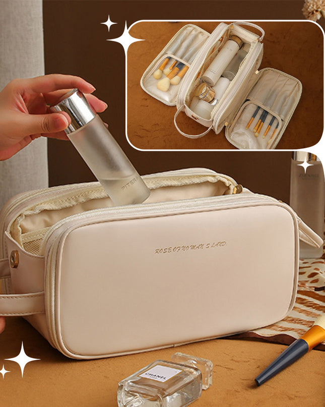 Dreilagige Kosmetiktasche mit Doppelreißverschluss und U-förmigem Design. Modische Make-up-Taschen mit hoher Kapazität. Tragbare Aufbewahrungstasche aus Pu-Leder für Hautpflegeprodukte - ellashop.store