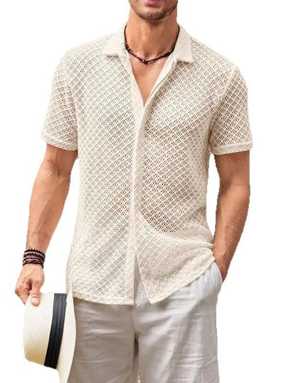 Fashion Solid Color Polo Collar Short Sleeve Mesh Shirt Men's Tops - ellashop.store