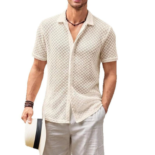 Fashion Solid Color Polo Collar Short Sleeve Mesh Shirt Men's Tops - ellashop.store