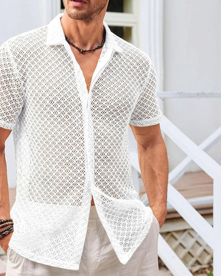 Fashion Solid Color Polo Collar Short Sleeve Mesh Shirt Men's Tops - ellashop.store