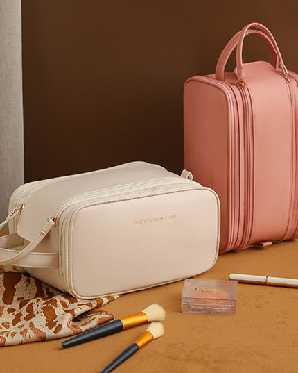 Dreilagige Kosmetiktasche mit Doppelreißverschluss und U-förmigem Design. Modische Make-up-Taschen mit hoher Kapazität. Tragbare Aufbewahrungstasche aus Pu-Leder für Hautpflegeprodukte - ellashop.store