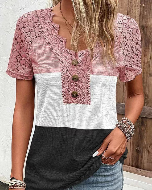Lässiges Kurzarm-T-Shirt mit Patchwork-Spitze für Damen - ellashop.store