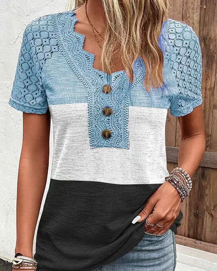 Lässiges Kurzarm-T-Shirt mit Patchwork-Spitze für Damen - ellashop.store