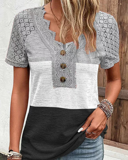 Lässiges Kurzarm-T-Shirt mit Patchwork-Spitze für Damen - ellashop.store