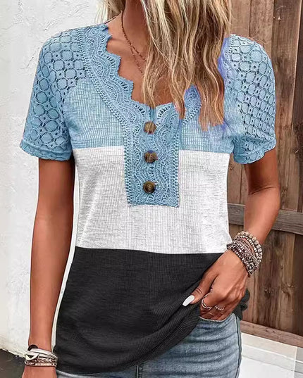 Lässiges Kurzarm-T-Shirt mit Patchwork-Spitze für Damen - ellashop.store
