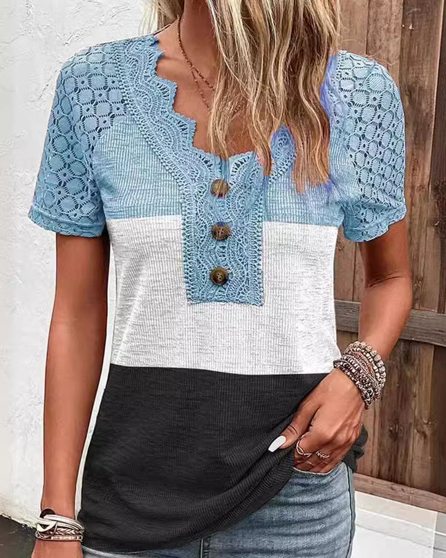 Lässiges Kurzarm-T-Shirt mit Patchwork-Spitze für Damen - ellashop.store