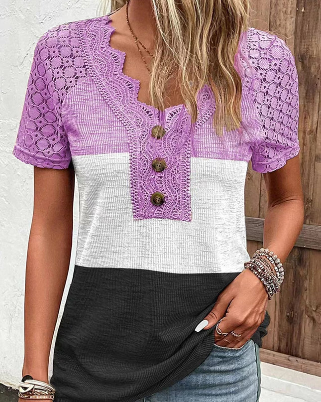 Lässiges Kurzarm-T-Shirt mit Patchwork-Spitze für Damen - ellashop.store