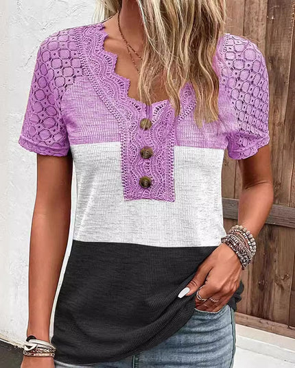 Lässiges Kurzarm-T-Shirt mit Patchwork-Spitze für Damen - ellashop.store