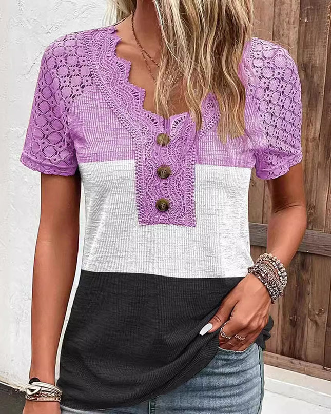 Lässiges Kurzarm-T-Shirt mit Patchwork-Spitze für Damen - ellashop.store