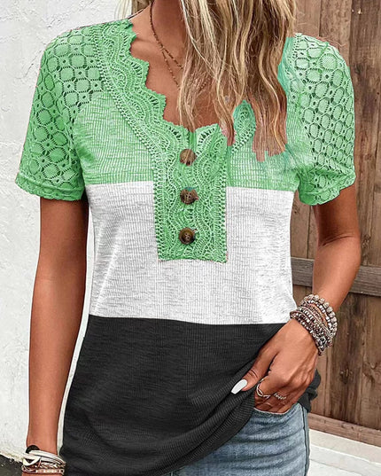Lässiges Kurzarm-T-Shirt mit Patchwork-Spitze für Damen - ellashop.store
