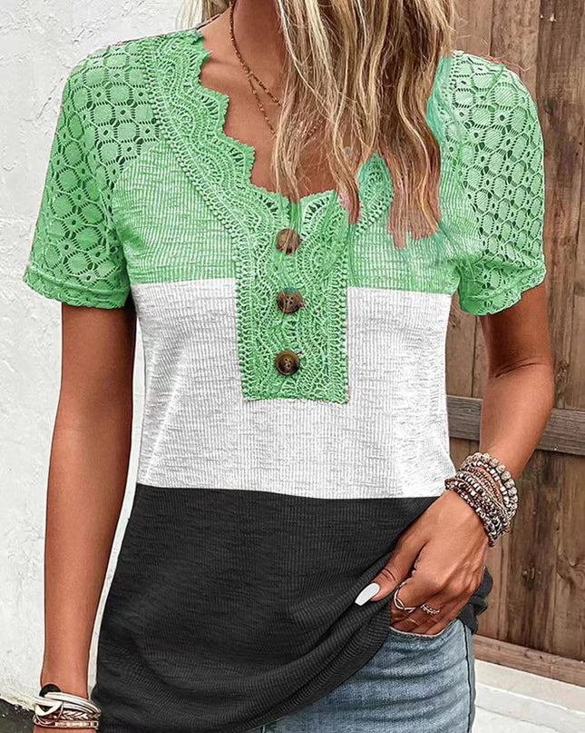 Lässiges Kurzarm-T-Shirt mit Patchwork-Spitze für Damen - ellashop.store