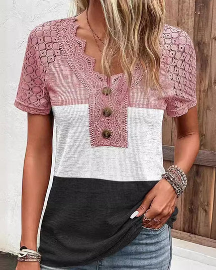 Lässiges Kurzarm-T-Shirt mit Patchwork-Spitze für Damen - ellashop.store