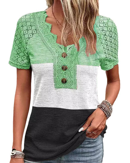 Lässiges Kurzarm-T-Shirt mit Patchwork-Spitze für Damen - ellashop.store