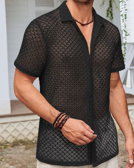 Fashion Solid Color Polo Collar Short Sleeve Mesh Shirt Men's Tops - ellashop.store