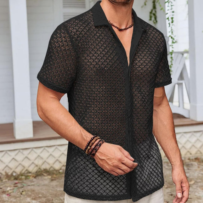 Fashion Solid Color Polo Collar Short Sleeve Mesh Shirt Men's Tops - ellashop.store