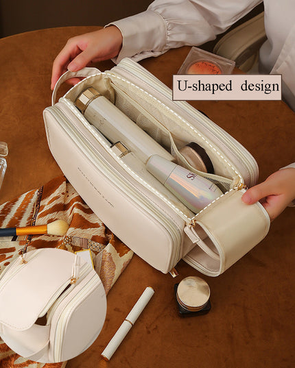 Dreilagige Kosmetiktasche mit Doppelreißverschluss und U-förmigem Design. Modische Make-up-Taschen mit hoher Kapazität. Tragbare Aufbewahrungstasche aus Pu-Leder für Hautpflegeprodukte - ellashop.store
