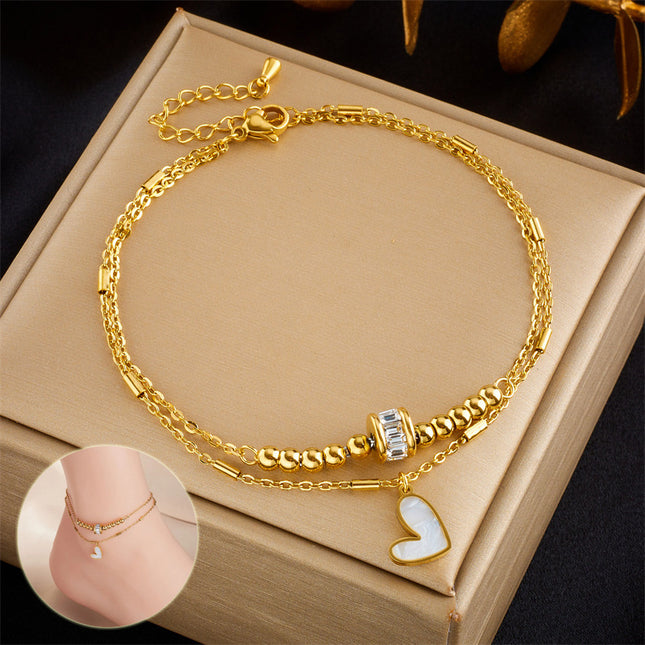 Modeschmuck Boho Classic Love Heart Knöchelkette Doppellagiges Kettenarmband Fußkettchen Charm Quaste Beinkette an Fußkette Frauen Party Schmuck Accessoires - ellashop.store