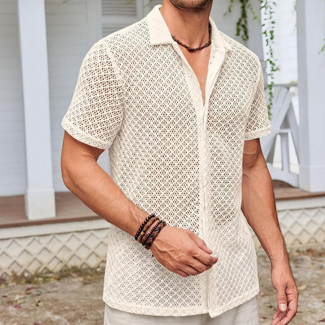 Fashion Solid Color Polo Collar Short Sleeve Mesh Shirt Men's Tops - ellashop.store