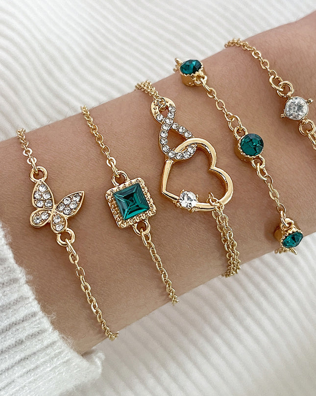 Bohemian 5 stück Grün Kristall Armbänder Schmuck Set Für Frauen Herz Armband Hochzeit Engagement Armband Mode Schmuck - ellashop.store