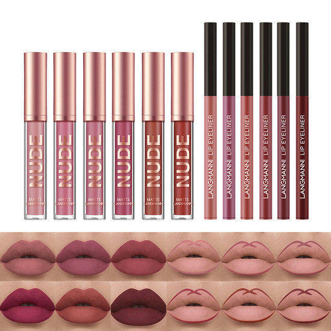 Lipliner und Lippenstift-Make-up, 12-teiliges Set, 6 matte Lippenstifte, 6 Lipliner-Stifte, wasserfest, langanhaltend, matter Lippenstift, Schönheitskosmetik, Make-up, Geschenk für Mädchen, Lippenstift-Set - ellashop.store