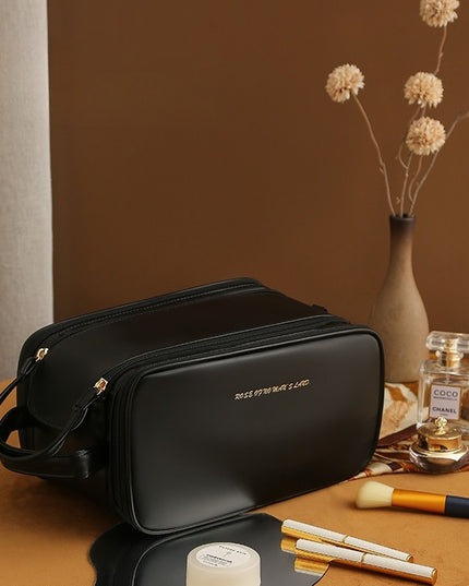 Dreilagige Kosmetiktasche mit Doppelreißverschluss und U-förmigem Design. Modische Make-up-Taschen mit hoher Kapazität. Tragbare Aufbewahrungstasche aus Pu-Leder für Hautpflegeprodukte - ellashop.store